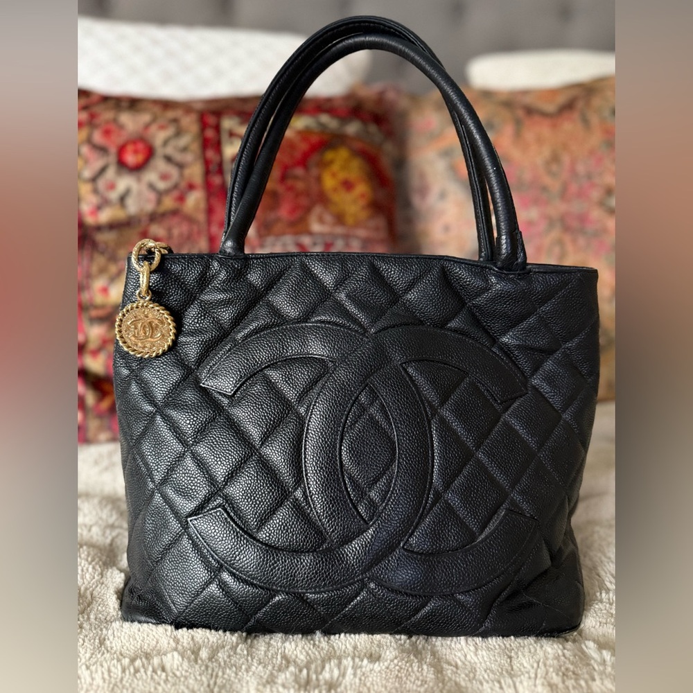 CHANEL Black Quilted Caviar Medallion Tote